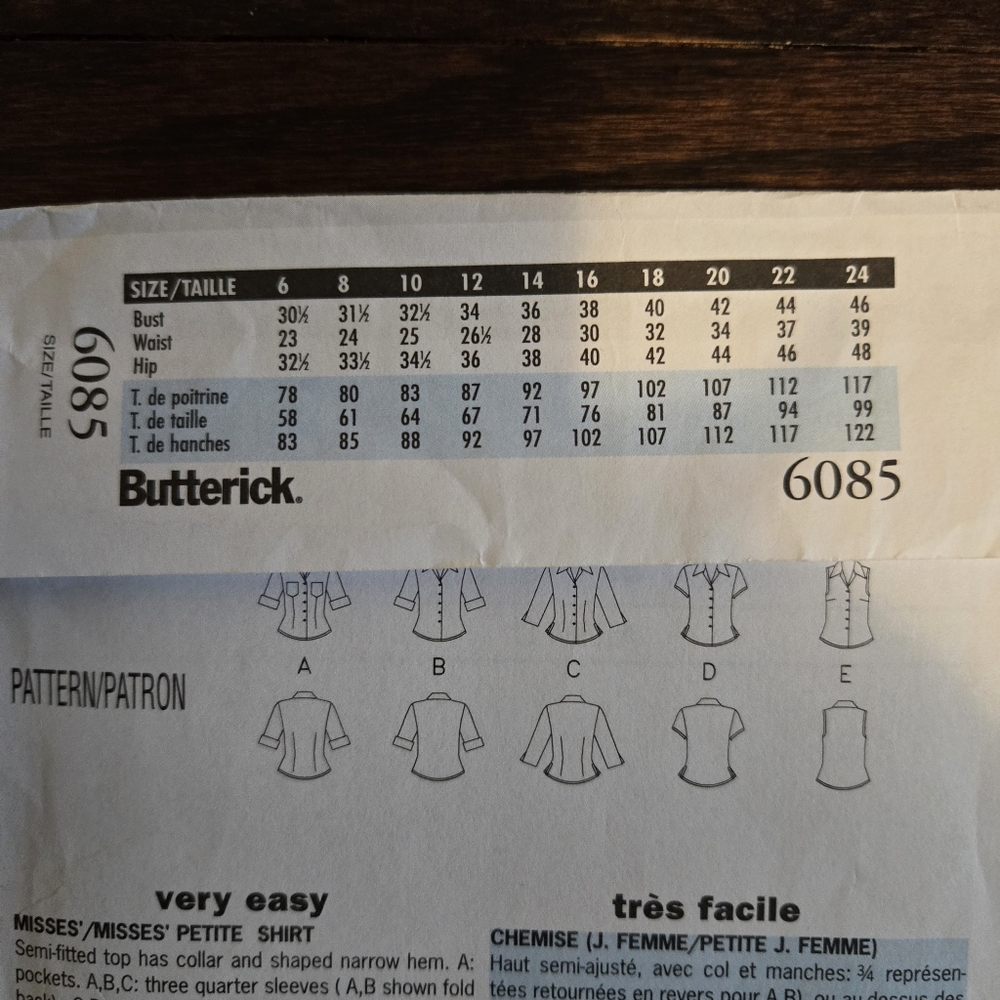 Women's Butterick Shirt pattern - Picture 3 of 3